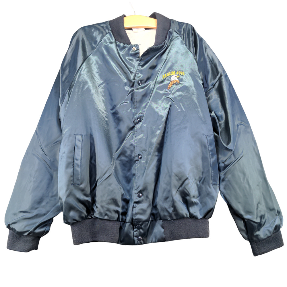 Men's Eagles Lodge #976 Bomber Jacket XXL Blue Snap Nylon Lined Vintage Made USA